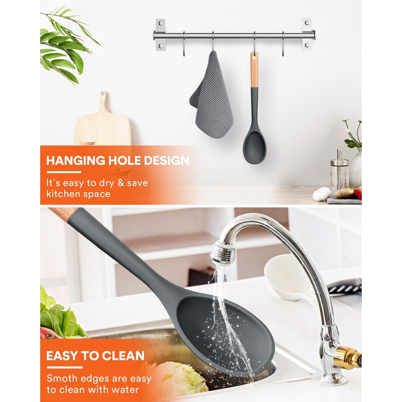 Large Silicone Cooking Spoons, Nonstick Solid Wooden Handle Spoon, Heat