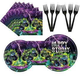 96PCS Monster Truck Birthday Party Supplies, Monster Theme Jam Party Decorations Tableware, Plate, Napkin, Fork, Monster Truck Birthday Plate And Napkin Decorations Dinnerware