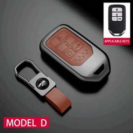Metal Car Keycase Leather Remote Car Key Cover Case Bag Key Shell Holder for Honda CRV Pilot Accord Civic Jazz Jade HR-V Key Chain (Black Brown)