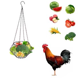 Hanging Chicken Food Accessories, Foldable 6.5 Inch Large Poultry Vegetable Fruit Feeder Basket with 17 Inch Hanging Chain, Vegetable Treat Ball Boredom Toy for Chickens/Stallions/Ducks/Rabbit Hutch