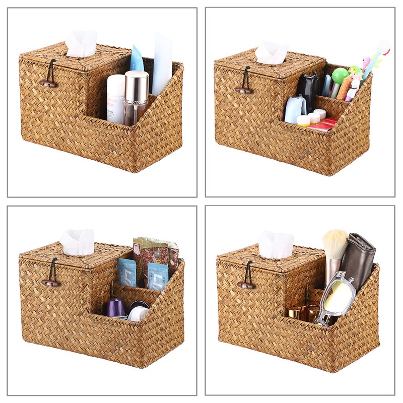 BTSKY Household Seagrass Facial Tissue Box With Two Side Storage