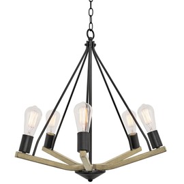 Kira Home Crawford 24.5" 5-Light Modern Farmhouse Chandelier, Black + Smoked Birch Wood Style Finish