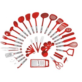 38-piece Kitchen Utensils Set Home Cooking Tools Gadgets Turners Tongs Spatulas Pizza Cutter Whisk Bottle Opener, Graters Peeler, Can Opener, Measuring Cups Spoons (Red)
