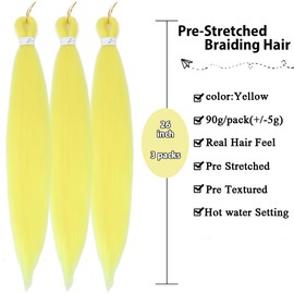 Yellow Braiding Hair Extensions 26 Inch 3 Packs Pre Stretched Braiding Hair Professional Itch Free Synthetic Hair Extensions for Braiding