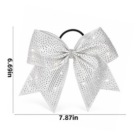 White Cheer Bow, Glitter Shimmer Shiny Rhinestones Cheerleading Hair Bow with Elastic Ponytail Holder Hair Band for Cheerleaders College Sports