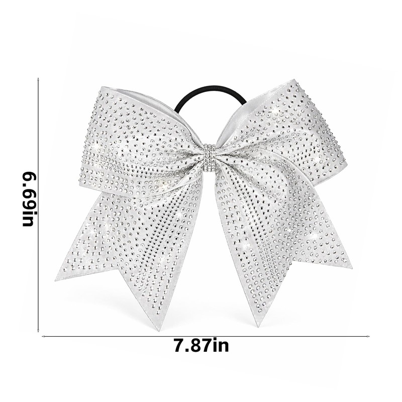 White Cheer Bow, Glitter Shimmer Shiny Rhinestones Cheerleading Hair Bow