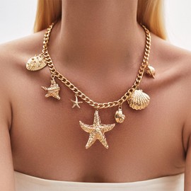 ONBRIG Seashell Necklaces for Women Big Starfish Shell Charm Chunky Gold Necklace Beach Jewelry for Women Summer Accessories (Gold)
