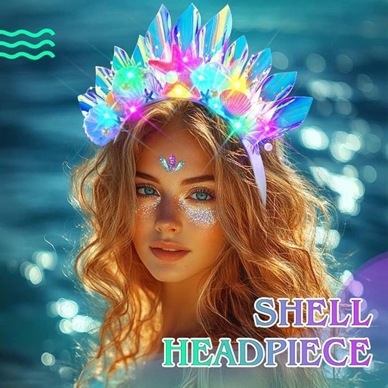 Evlry LED Crown Headband Luminous Shell Headpiece Glitter Starfish Beads