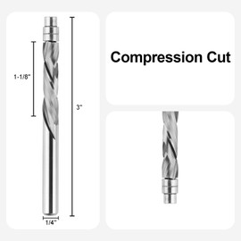 SpeTool Flush Trim Compression Spiral Router Bit 1/4'' Shank Up Down 1-1/8'' Cutting Length Bottom Bearing CNC Extra Long Template Pattern Router Bit for Wood Trimming Woodworking