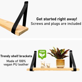 Brute Strength - PU Leather Shelf Brackets - Black - Pack of 4 - Shelf Brackets - Wall Brackets - Shelf Straps - Faux Leather Shelf Brackets