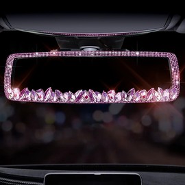 Murimt Bling Car Rearview Mirrors Decorations Rear View Mirror with HD Glass Rhinestones Automotive Interior Mirrors Diamond Bling Car Accessories for Women (HSJ-Pink Gem)