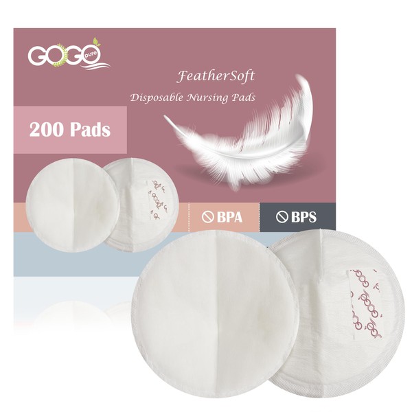 GoGo Pure 200CT FeatherSoft Disposable Nursing Pads, Ultra-Thin, Quick Absorbency,