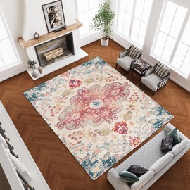 Belffin Moroccan Washable Rugs for Living Room. Ultra Soft 8x10 Large Area Rug for Bedroom. Nonslip Indoor Rug for Home Decor. Red Area Rug.