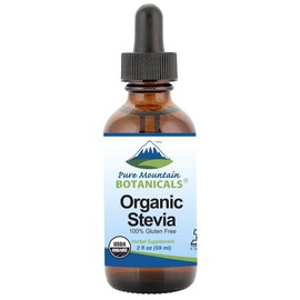 Pure Mountain Botanicals Organic Liquid Stevia Sweetener – Alcohol Free and Kosher Sweet Sugar Substitute Stevia Drops - 2oz Glass Bottle - Size: 2 oz.