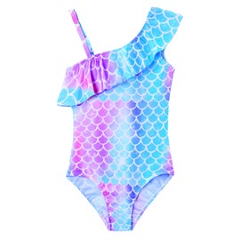 Girl Bathing Suit Size 6-7 Years Old Colorful Mermaid Scales Print One Shoulder Ruffle Swimsuit Fashion Beach Sport One Piece Swimwear