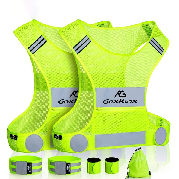 GoxRunx 2 Pack Reflective Vest Running Gear, Ultralight & Comfy Cycling Reflective Vests with Large Pocket & Adjustable Waist for Women Men, Night Runner Safety Vest + Hi Vis Armbands & Bag(Medium)