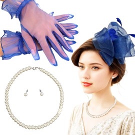 BUDUBIBI Fascinators Hat for Women, Mesh Feather Derby Headband with Gloves and Pearl Necklace Earrings for Wedding Tea Party Cocktail(Royal Blue)