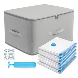 Ultra Space Saving Self Compression Organizer, 54×42×60cm, Space Saving Storage, Storage Bags for Clothes Blankets Quilt and 6 Pcs Vacuum Storage Bags, Reusable Space Saver Bags