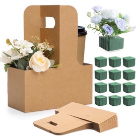 Chunful 12 Set 2 Cup Drink Carrier with Handle Flower Foam Removable Plastic Liner Kraft Paper Flower Gift Bags Portable Cardboard Coffee Cup Holder for Wedding Birthday Party Gift (Brown)