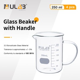 ULAB Glass Beaker with Handle, Vol. 250ml, 3.3 Borosilicate Griffin Low Form with Printed Graduation,Pack of 4,UBG1073