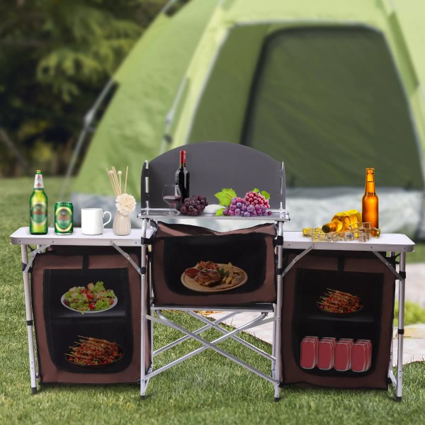Folding Camping Kitchen Table Picnic Cabinet Table Portable Cooking Storage