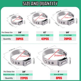 Twidec/112PCS 3/8",1/2",3/4",5/8",1" PEX Cinch Clamps Kit 5 size,Stainless Steel Pex Crimp Rings,Single Ear Hose Clamps For Pex Pipe Fitting Connections N-058-112PCS