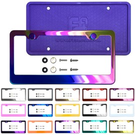 Silicone Back Guard License Plate Frame Neo Chrome Aurora Electroplating Burnt Titanium Mirror Chrome Universal Fit Anti Rust Metal Screw On Cap Cover, T304 Stainless Steel, Rust Proof (Qty: 1 Frame)