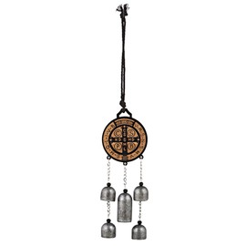 Saint Benedict Door Hanger with Silver Tone Bells, Indoor Outdoor Religious Decor Wind Chimes, 12 Inches