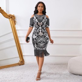 Cololura Sexy Elegant Sequin Tassel Cold Shoulder Short Sleeve Bodycon Evening Gown Formal Dress
