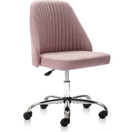 HOMEFLA Home Office Modern Linen Swivel Task Upholstered Fabric Desk Chair Armless with Wheels, Middle, Pink