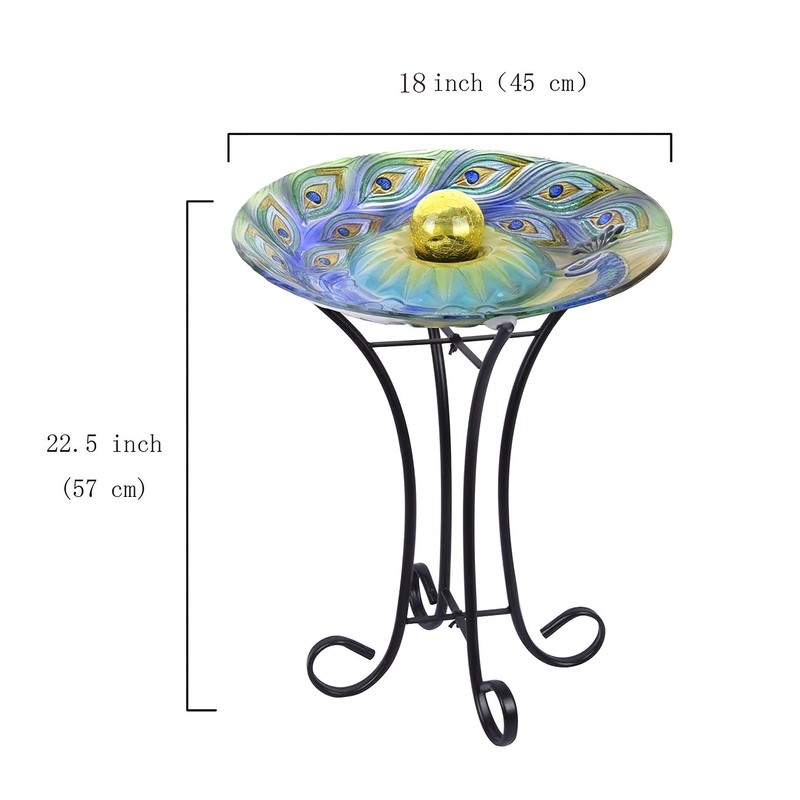 Hi-Line Gift 78415-F Solar Orb Peacock Glass Bird Bath with