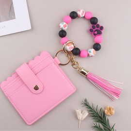 Silicone Paw Beaded Bracelet Wallet Credit Card Holder ID Window Key Ring Tassel Car Key Women Wristlet Keychain Purse (Pink)