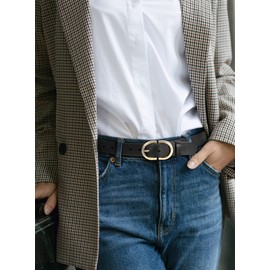 CR Womens Black Leather Belts for Jeans Pants - 1.3" Width Casual Ladies Belt - Fashion Center Bar Gold Buckle