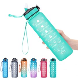 Water Bottle with Time Marker 1L/32 Oz with Straw and Filter Tritan BPA Free for Fitness Gym and Outdoor Sports Fitharbour Water Bottle (Green)