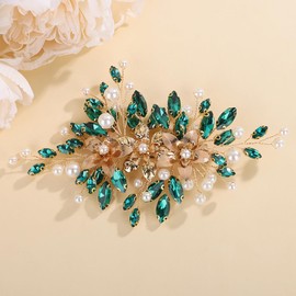 Teyglen Green Rhinestone Bridal Hair Clips Flower Bride Wedding Hair Clips Crystal Wedding Hair Barrettes Bridal Crystal Pearl Hair Piece Hair Accessory for Women (Peacock green)