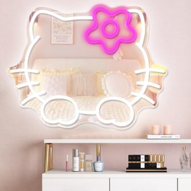 Anime Hello Kit Mirror Neon sign Dimmable Led Neon Mirror Sign for Dresser indoor Room Decor Cat Wall Mirror Neon Light Up Mirror Bedroom Wall Gifts