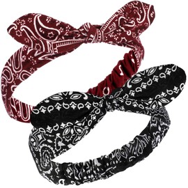 2 Pieces Bandana Headband for Women and Girls, Knot Retro Print Headbands Paisley Print Headband Headwrap Adjustable Headwrap (Black, Deep Red)