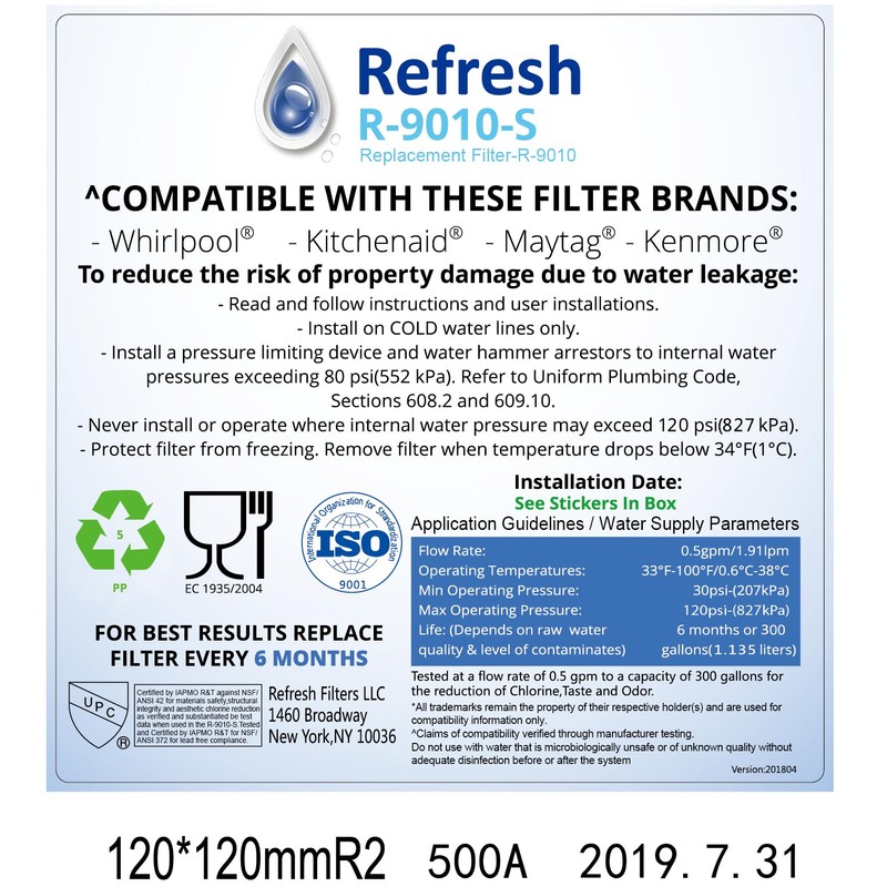 Refresh 9010 Replacement Refrigerator Water Filter for Whirlpool 4396508 /