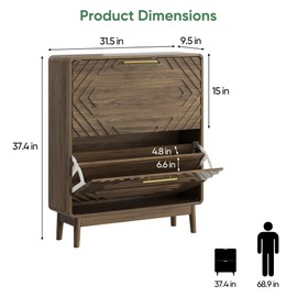 Algherohein Shoe Storage Cabinet with Hand-Carved Raised Embossed 2 Flip Drawers,Narrow Shoe Cabinet Storage for Entryway, Freestanding Shoe Organizer Cabinet, Slim Shoe Rack Cabinet (Walnut)