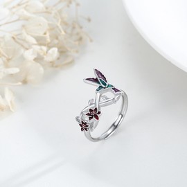 ABIGY Hummingbird Ring for Women 925 Sterling Silver Infinity Purple Hummingbird Open Finger Ring Flower Rings Adjustable Hummingbirds Jewellery Birthday Gifts