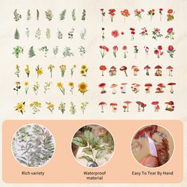 Qaixwuyi 160 Stück Blumen Scrapbooking Aufkleber Transparente Dekorative Aufkleber Vintage Blumen Pflanze Pilz Thema Stickers für Scrapbooking Geschenke Bastelarbeiten Fotoalbum