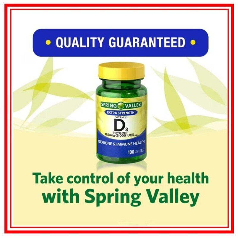 Spring Valley D3, Vitamin D3 Softgels, 5000 IU, 100 Count,