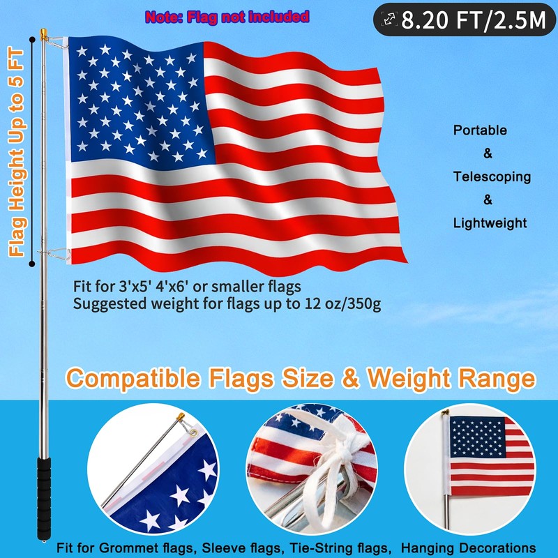 Portable Handheld Flag Pole with Clips Zip Ties,8.2Ft/2.5M Telescopic Handheld