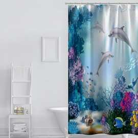 Dolphin Shower Curtain, Blue Ocean Tropical Fish Coral Underwater Animal Shower Curtain Set with 12 Hooks, Dolphin Shower Curtains for Bathroom, Waterproof Polyester Bath Curtain, 72 x 72 Inches