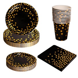 BOX And Tree | Pack of 155 Disposable Paper Plates Black Gold Party Tableware Paper Plates Gobete and Cutlery Wooden Birthday Wedding Decoration for 20 Guests