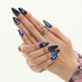 GLAMERMAID Press on Nails Medium Almond,UV Black and Blue Glitter False Nails with Gothic Design,Gel Glue on Nails Reusable Full Cover Manicure Set for Women