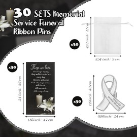 Unittype 30 Set Funeral Ribbon Pins Brooch Memorial Lapel Awareness Pin Prayer Cards Bags for Funeral Favors(White)