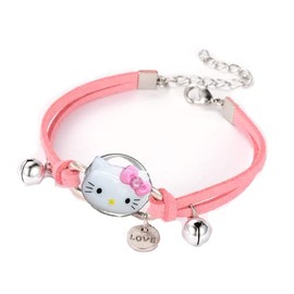 Villages Marketplace Handmade Bracelet (Pink, White and Silver, Kitty Adjustable Leather Bracelet)