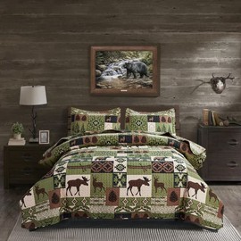 Quilts Set Queen Size Rustic Quilt Bedspread Coverlet Queen Quilt Bedding Lodge Country Patchwork Bear Bedding Home Lightweight Quilt Reversible Rustic Bedding Forest Animal Moose Cabin Bedding Olive