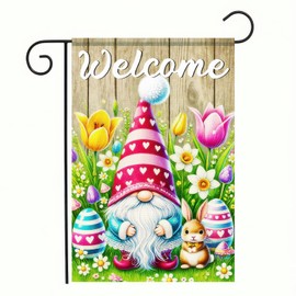 Happy Easter Bunny Gnome Garden Flag 12x18 Double Sided Small Decorative Garden Flag Easter Eggs Rabbit Flowers Yard Lawn Outside Decor Spring Butterfly Outdoor Home Decoration